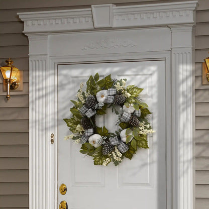 30 in. Fall Wreath with Pine Cones, Berry Clusters, Gourds, Fabric Bows