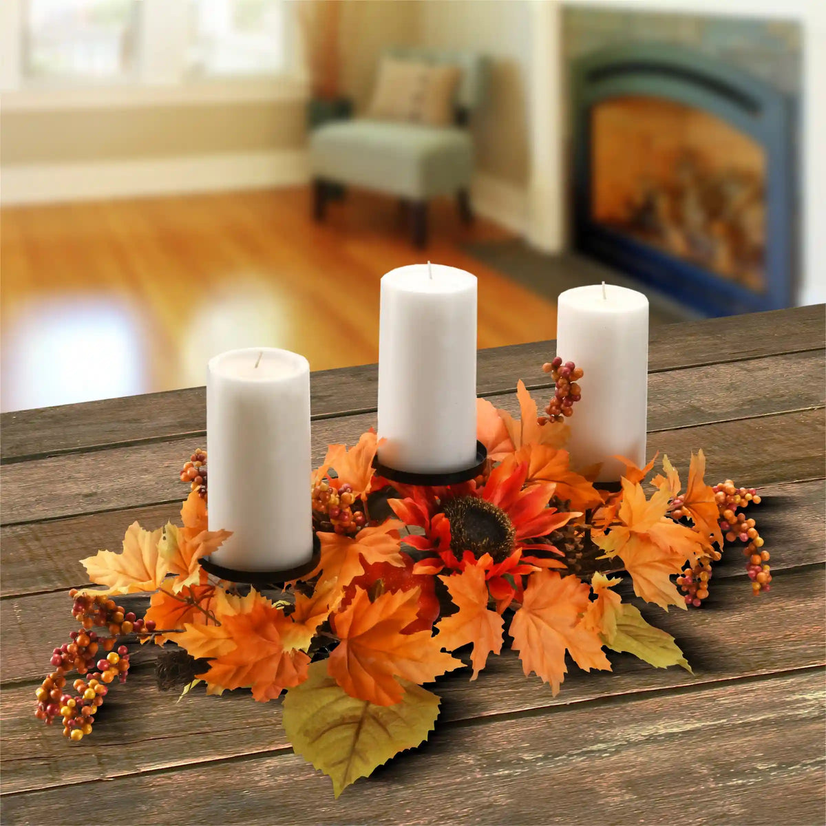 24 in. Fall Centerpiece, Three Candle Holders, Decorated with Sunflower Blooms, Pinecones, Berry Clusters