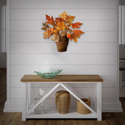 16 in. Fall Flowers in Wicker Basket with Pumpkins, Gourds, Berry Clusters, Burlap, Maple Leaves
