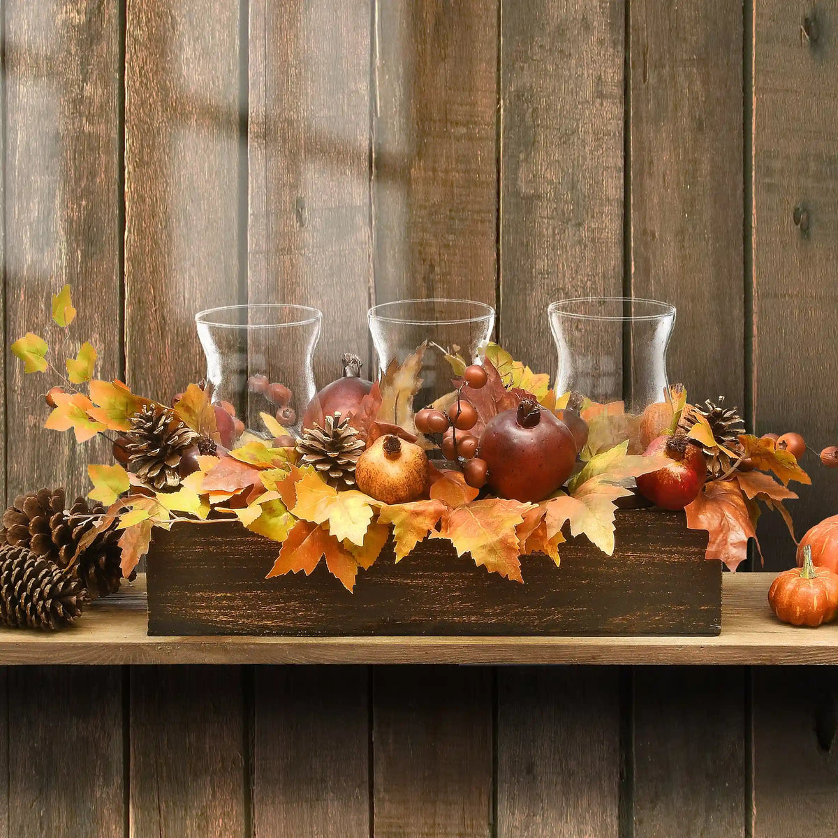 24 in. Fall Centerpiece, Decorated With Maple Leaves, Pomegranates, Pine Cones, Holds Three Candles