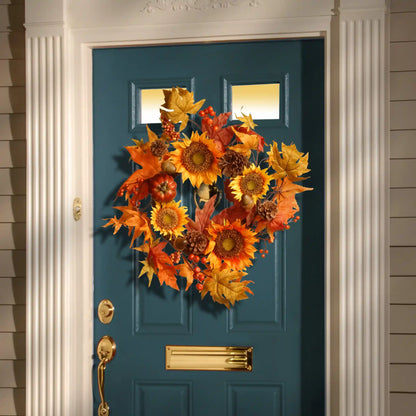 22 in. Fall Wreath with Sunflowers, Pinecones, Berry Clusters, Acorns, Pumpkins, Maple Leaves