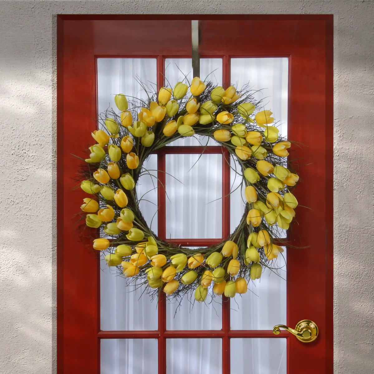 32 in. Spring Wreath with Yellow Tulip Blooms, Flowing Green Stems