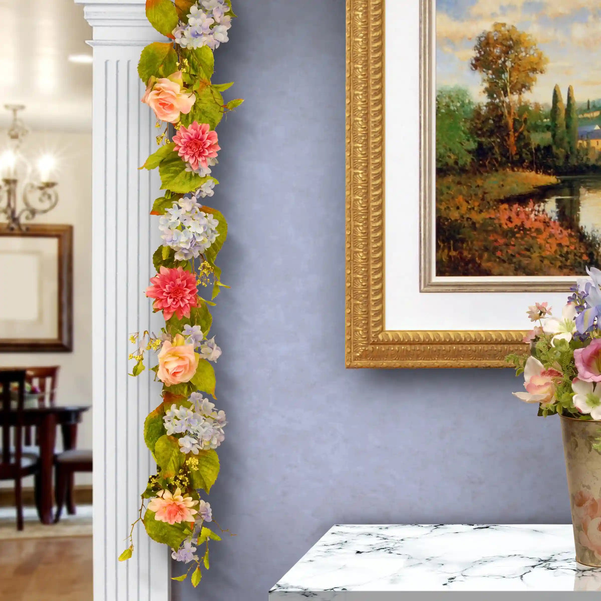 70 in. Spring Garland with Multicolor Hydrangea, Rose and Dahlia Blooms, Berry Clusters, Leafy Greens