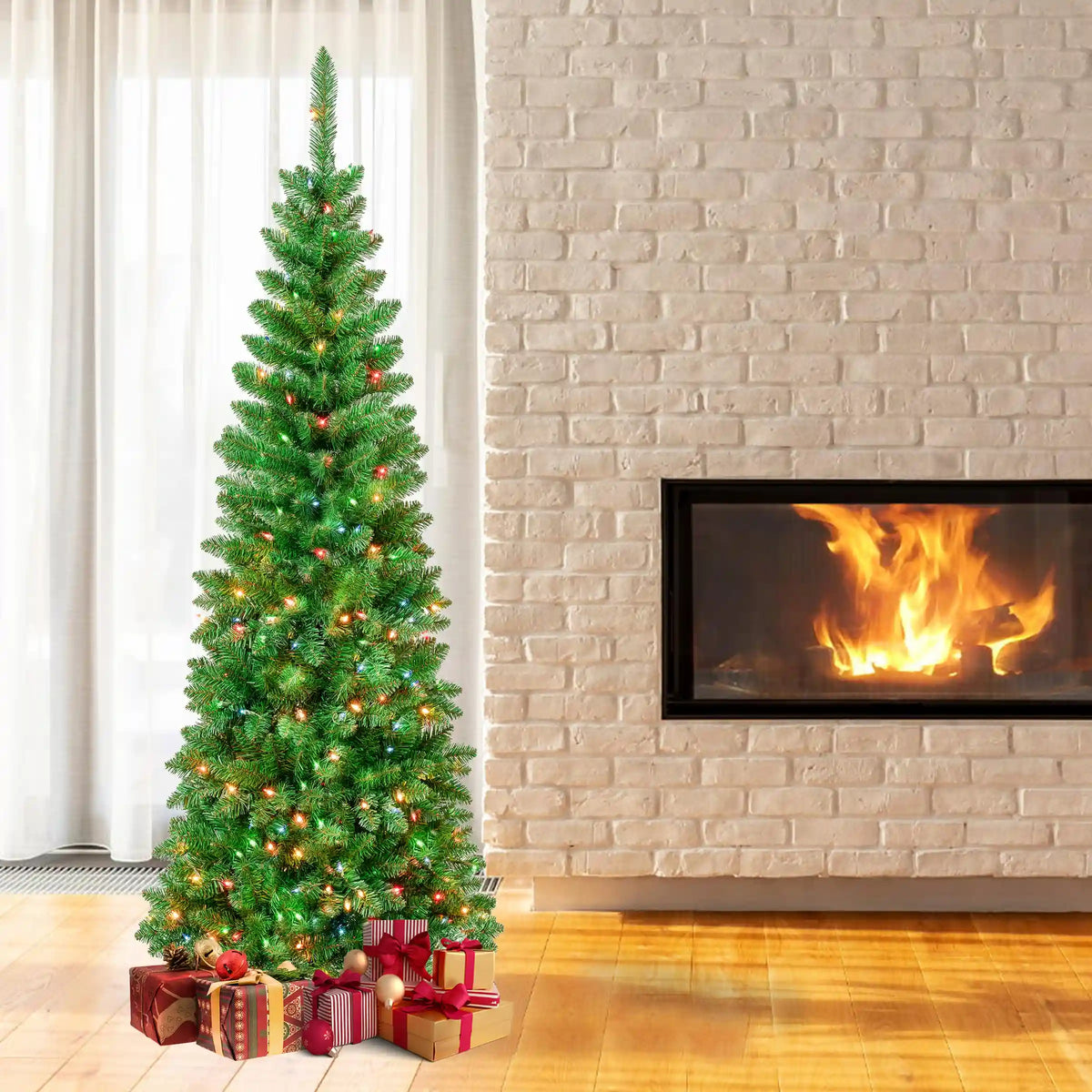 7.5 ft. Pre-Lit Rowan Pencil Slim Tree with Multicolor Lights, Plug-In