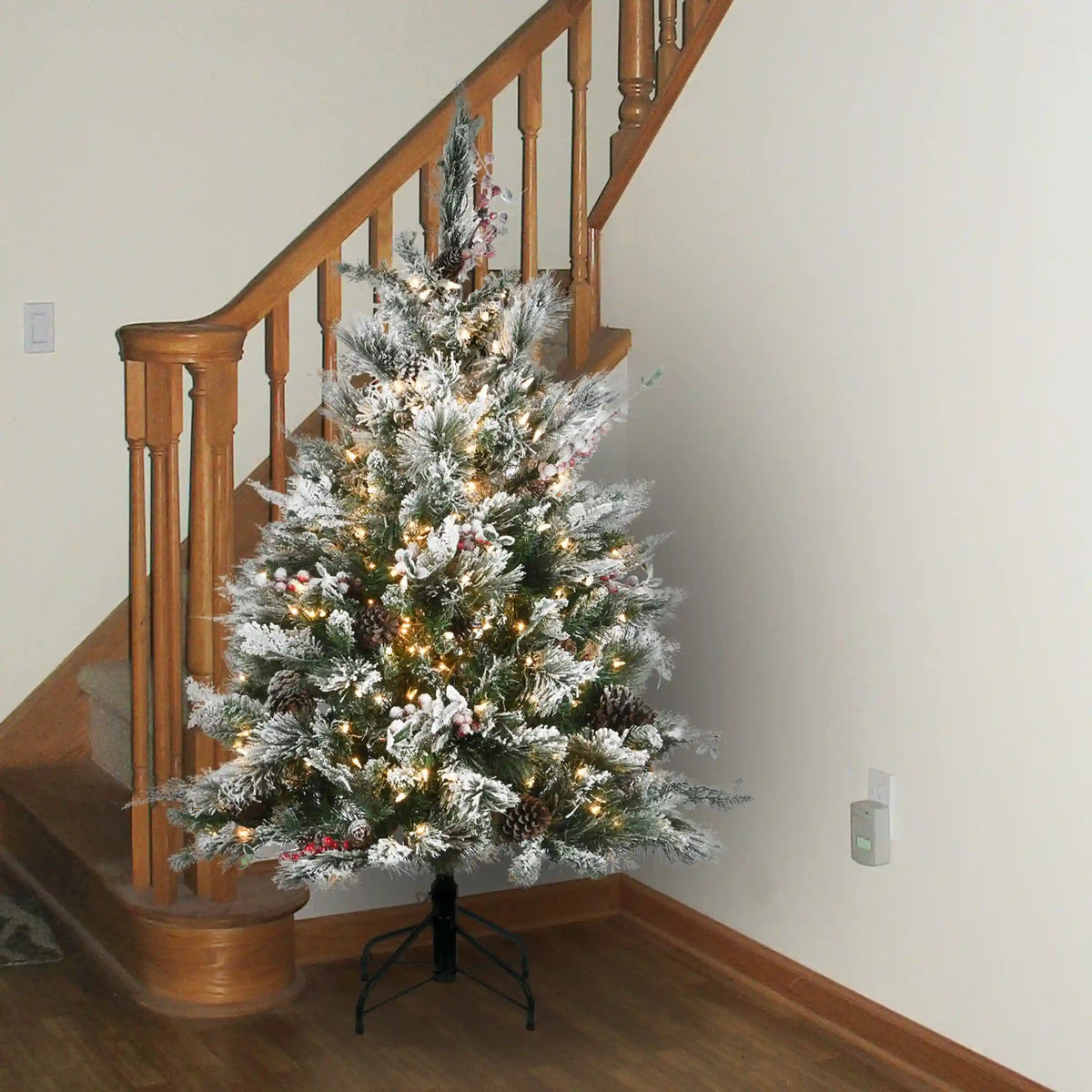 4.5 ft. Pre-Lit Snowy Bedford Pine Tree with Clear Lights, Plug-In