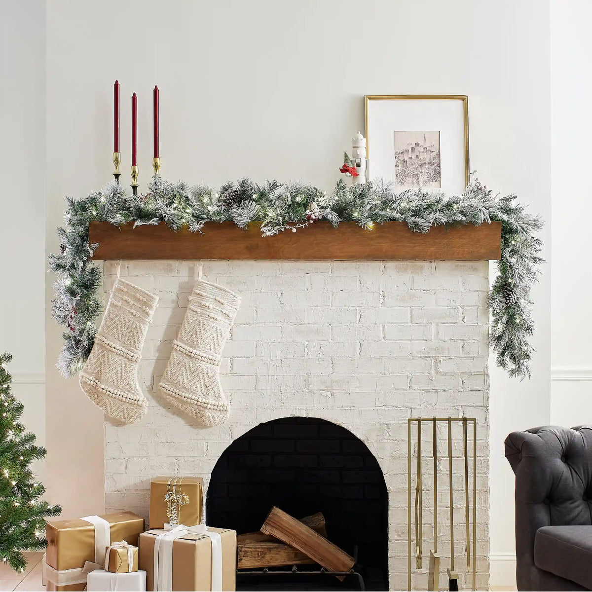 9 ft. Pre-Lit Snowy Bedford Pine Garland with LED Lights