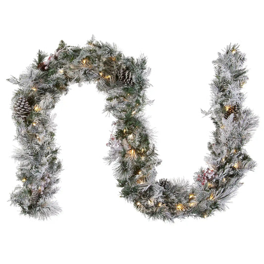 9 ft. Pre-Lit Snowy Bedford Pine Garland with LED Lights