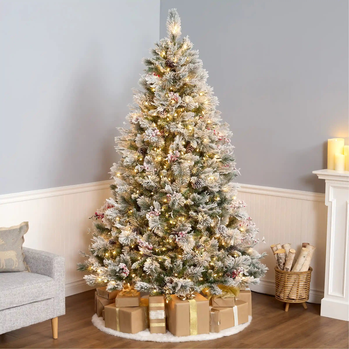 7.5 ft. Pre-Lit Snowy Bedford Pine Tree with Clear Lights