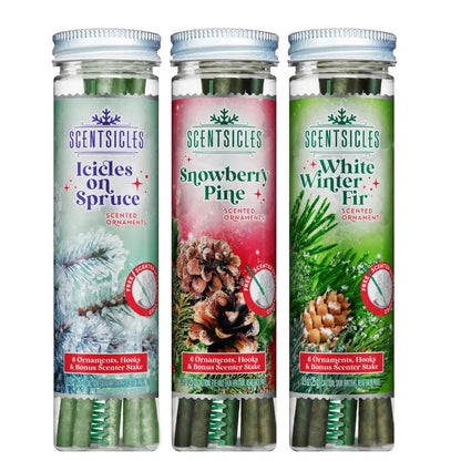 Scentsicles, Scented Ornament 6pc Stick, White Winter Fir, Snowberry Pine and Icicles on Spruce Sticks - 3 Pack