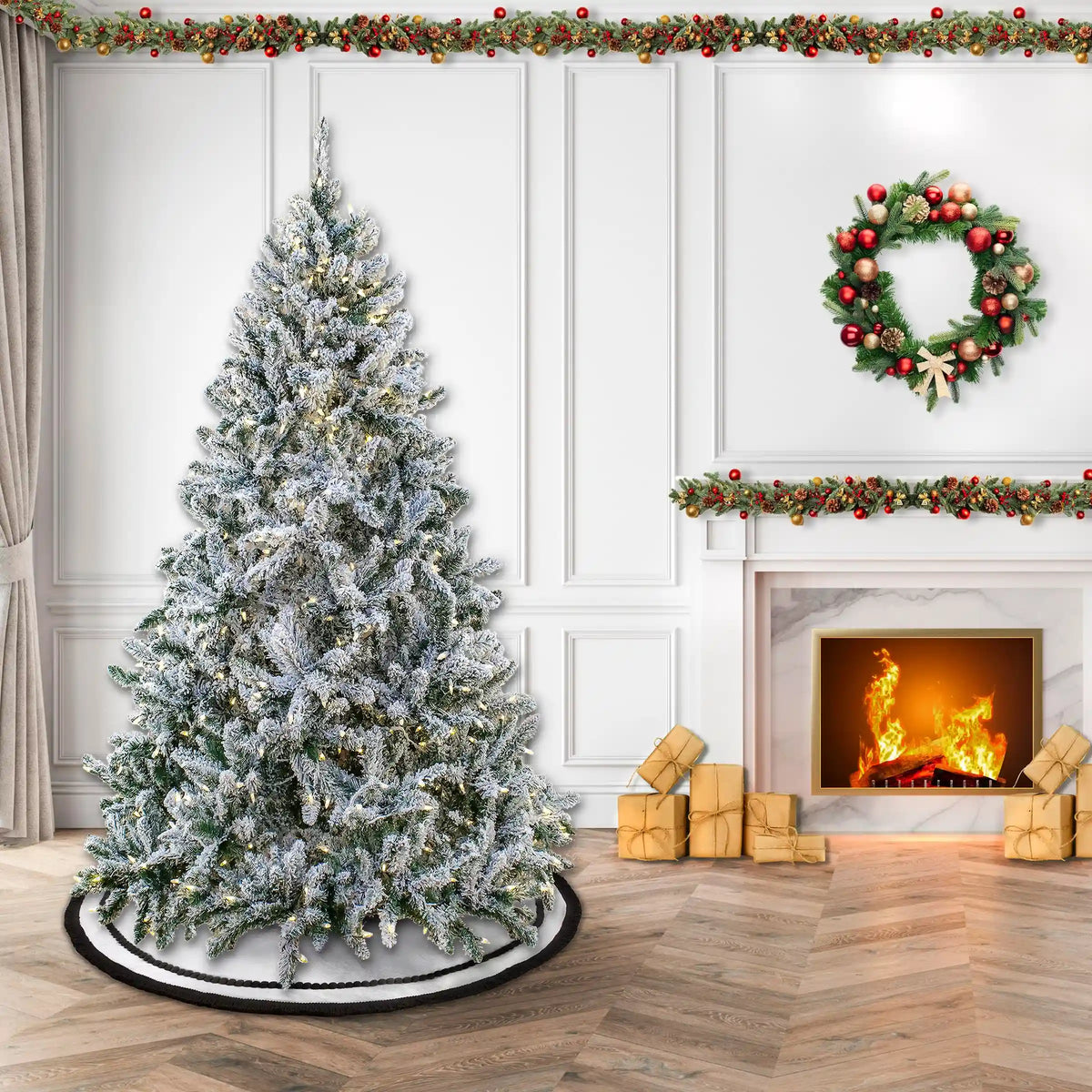9ft. Pre-Lit Snowy Hudson Hinged Tree with PowerConnect Warm White LED Lights, Plug-In