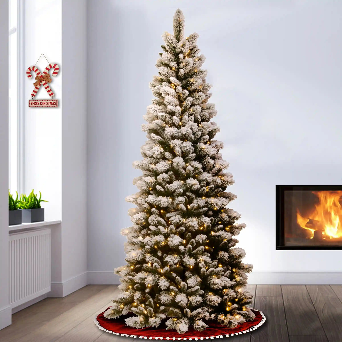 7.5 ft. Pre-Lit Snowy Westwood Pine Slim Tree with Clear Lights, Plug-In