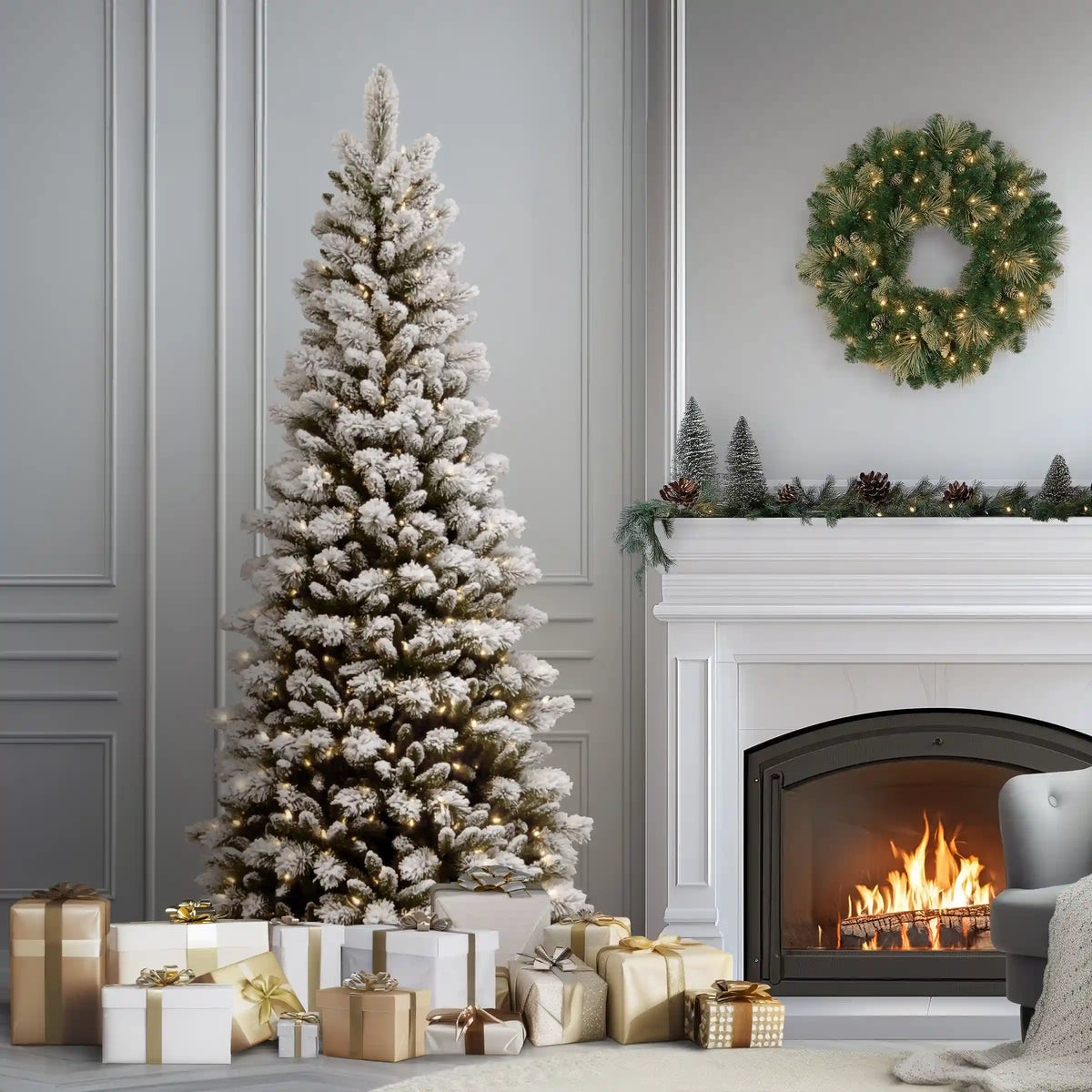 7.5 ft. Pre-Lit Snowy Westwood Pine Slim Tree with Clear Lights, Plug-In