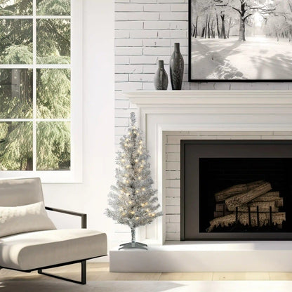 4 ft. Pre-Lit Tinsel Collection Silver Tree with Clear Lights, Plug-In