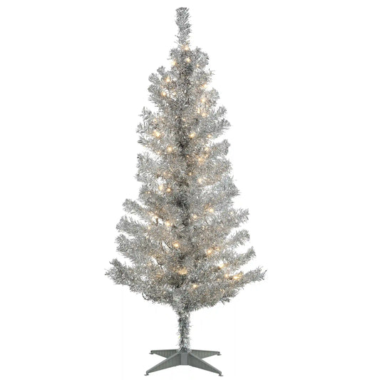 4 ft. Pre-Lit Tinsel Collection Silver Tree with Clear Lights, Plug-In