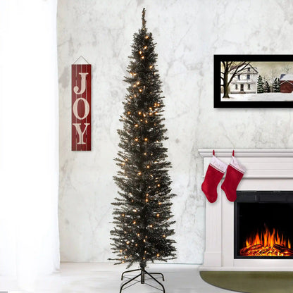 6 ft. Pre-Lit Tinsel Collection Black Tree with Clear Lights, Plug-In