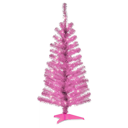 4 ft. Pre-Lit Tinsel Collection Pink Tree with Clear Lights, Plug-In