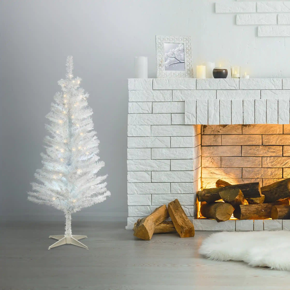 4 ft. Pre-Lit Tinsel Collection White Iridescent Tree with Clear Lights, Plug-In