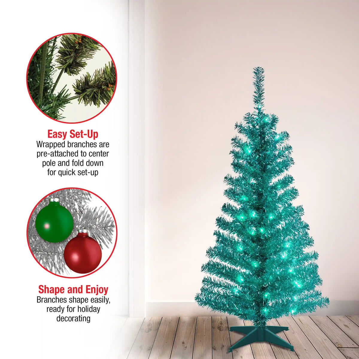 4 ft. Pre-Lit Tinsel Collection Turquoise Tree with Clear Lights, Plug-In