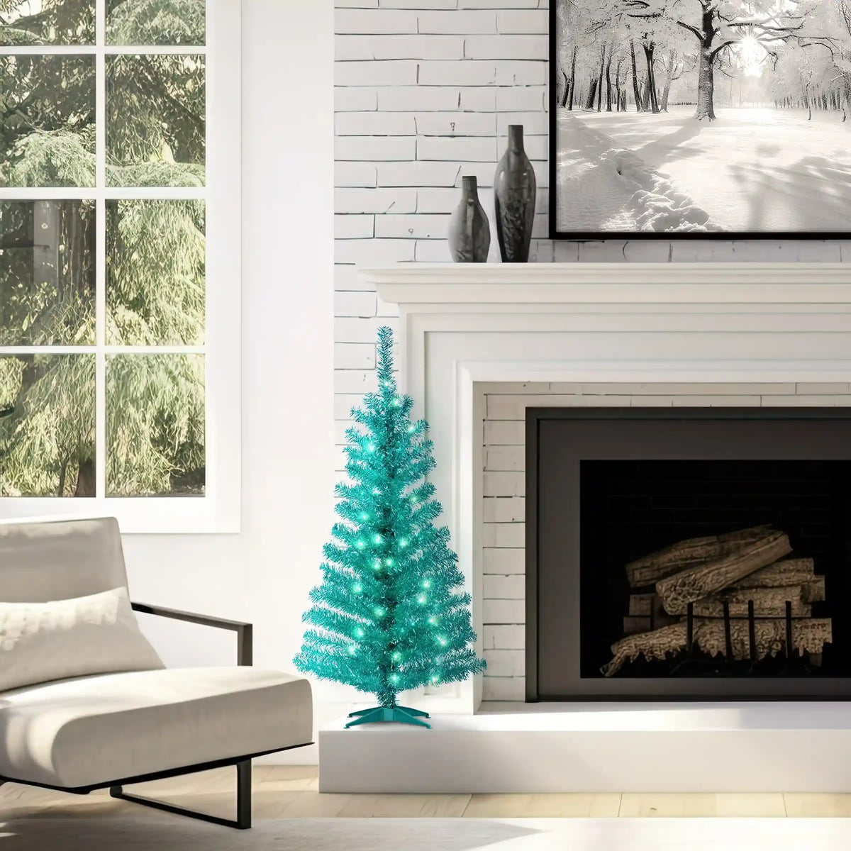 4 ft. Pre-Lit Tinsel Collection Turquoise Tree with Clear Lights, Plug-In