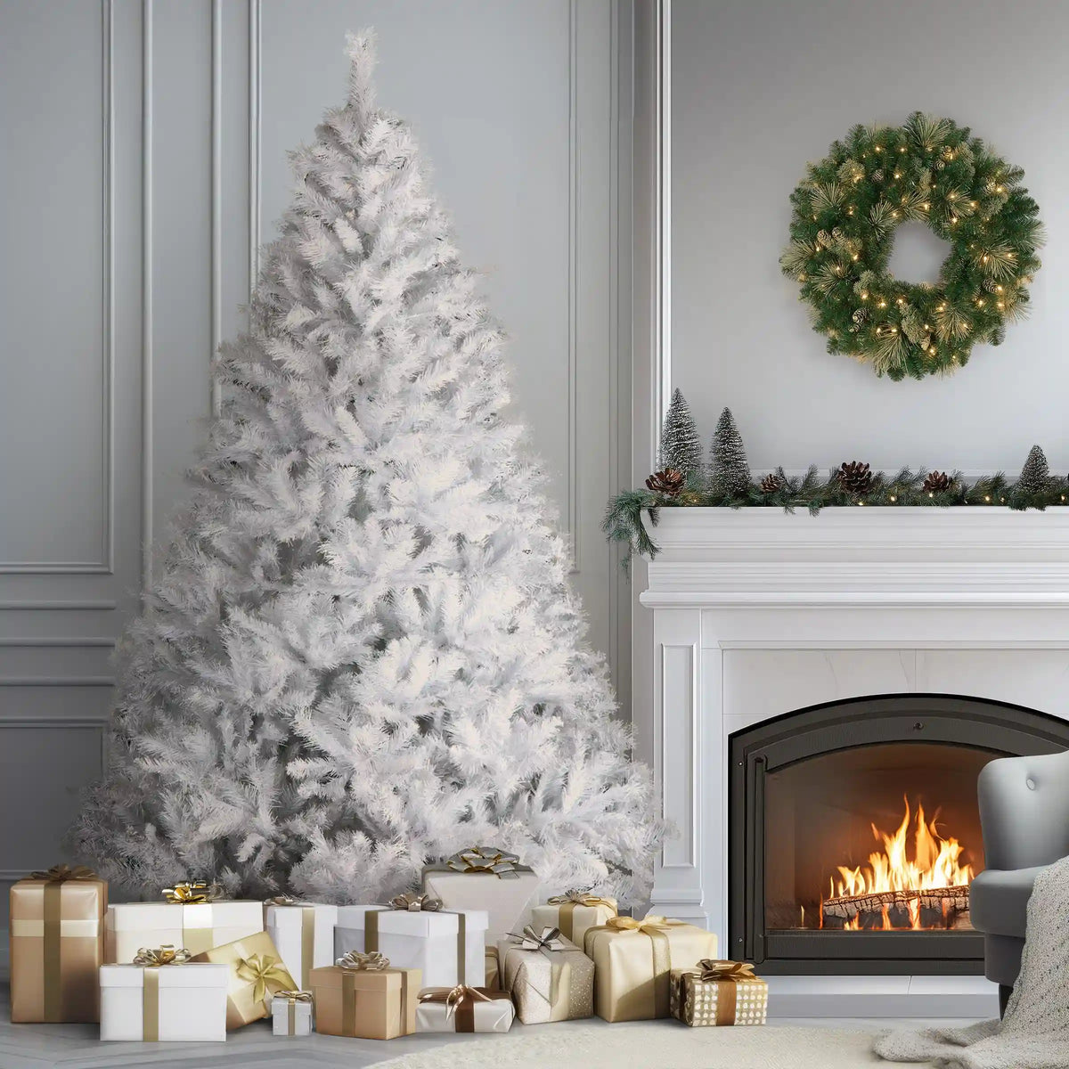 7.5 ft. Pre-Lit Winchester Pine White Tree with Clear Lights and Silver Glitter, Plug-In