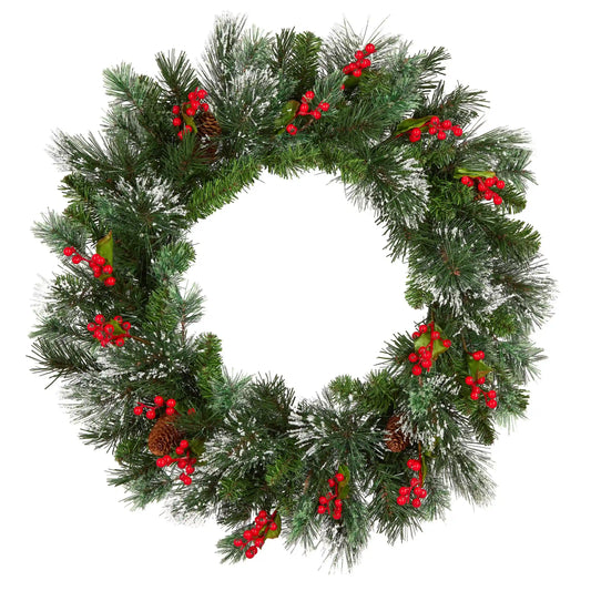 24 in. Pre-Lit Wintry Pine Wreath with Warm White LED Lights