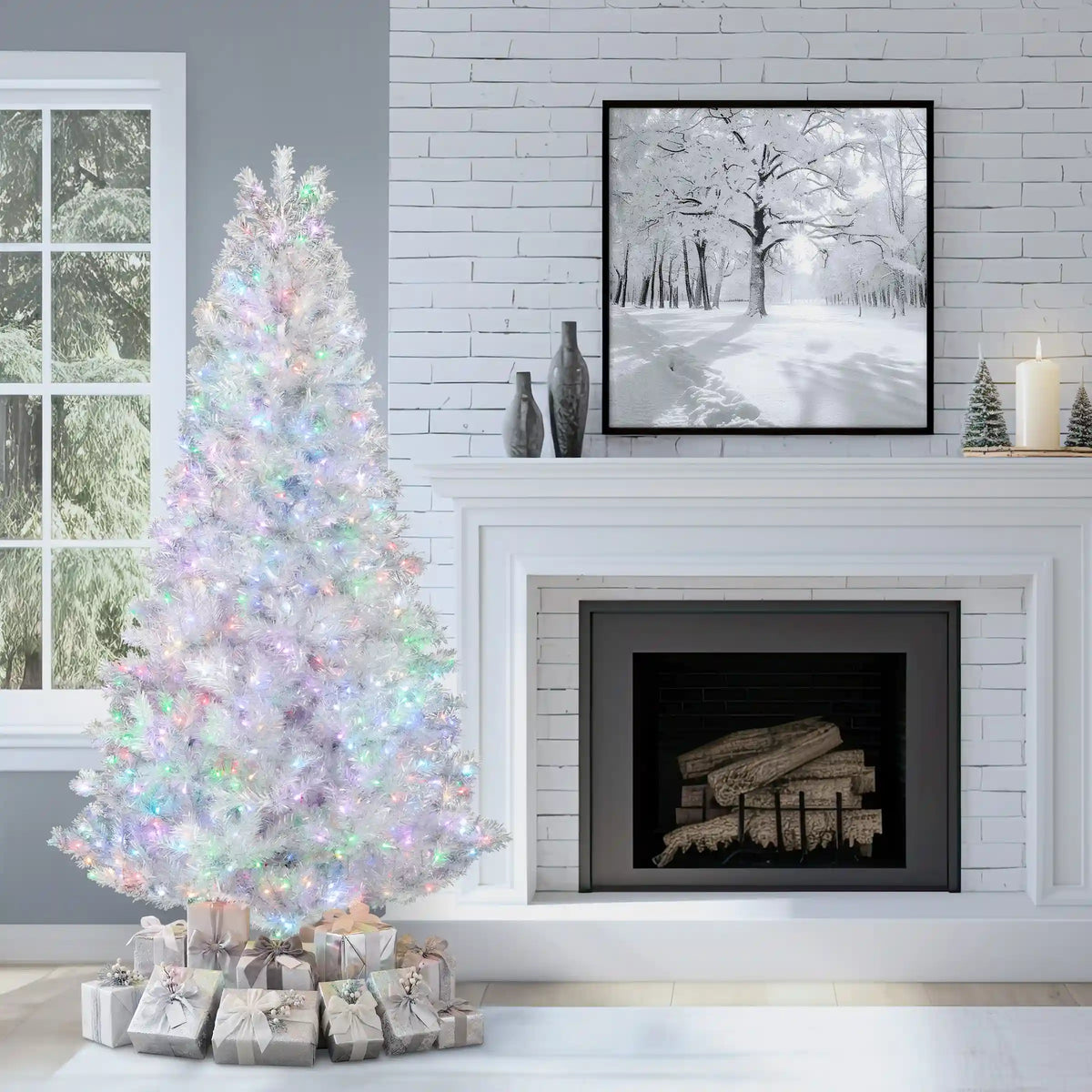 7.5 ft. Pre-Lit Christmas Crystal Pine Silver Metallic Tree, Plug-In