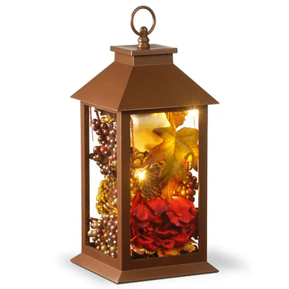 12 in. Fall Lantern with LED Lights, Filled with Pumpkins, Leaves, Flowers, Berry Clusters