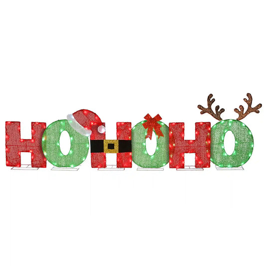 23 in. Tinsel Fabric HO HO HO Sign with Red and Cool White LED Lights, Plug-In
