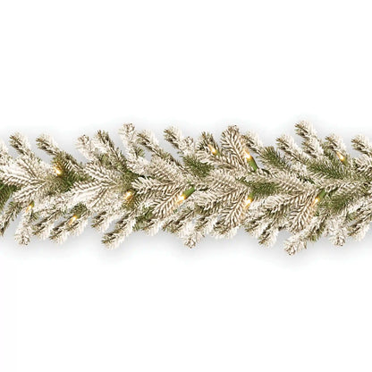 9 ft. Pre-Lit Snowy Sheffield Spruce Garland with Clear Lights, Plug-In