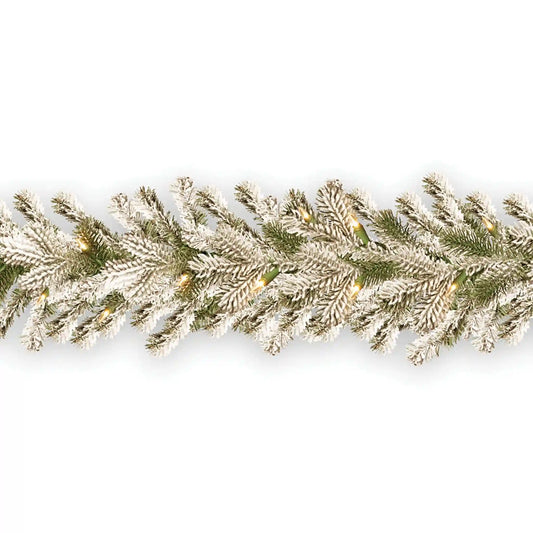 9 ft. Pre-Lit Snowy Sheffield Spruce Garland with Clear Lights, Plug-In